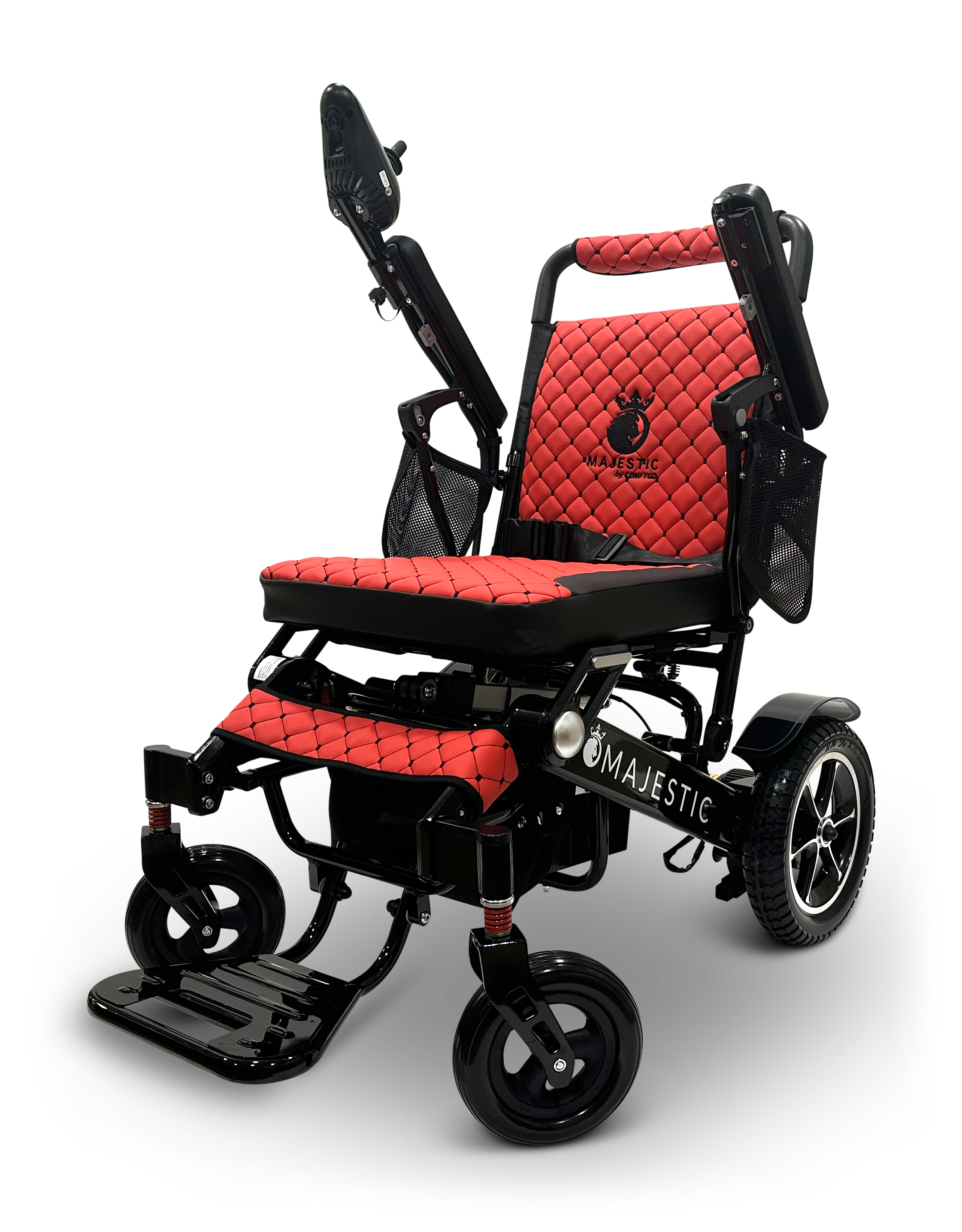 The MAJESTIC IQ-7000 Remote Controlled Electric Wheelchair, in black and red with cushioned seats and a backrest, is perfect for travel. It includes an armrest joystick for control, foot supports, and four wheels. This lightweight wheelchair offers easy maneuverability with its name prominently displayed on the side.